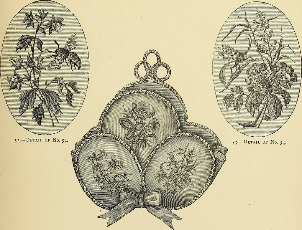 An illustration from Art needlework. A complete manual of embroidery in silks and crewels, with full instructions as to stitches, materials, and implements. Containing also a large number of original designs and a handsome coloured design for crewel work, 1882, leaf 64