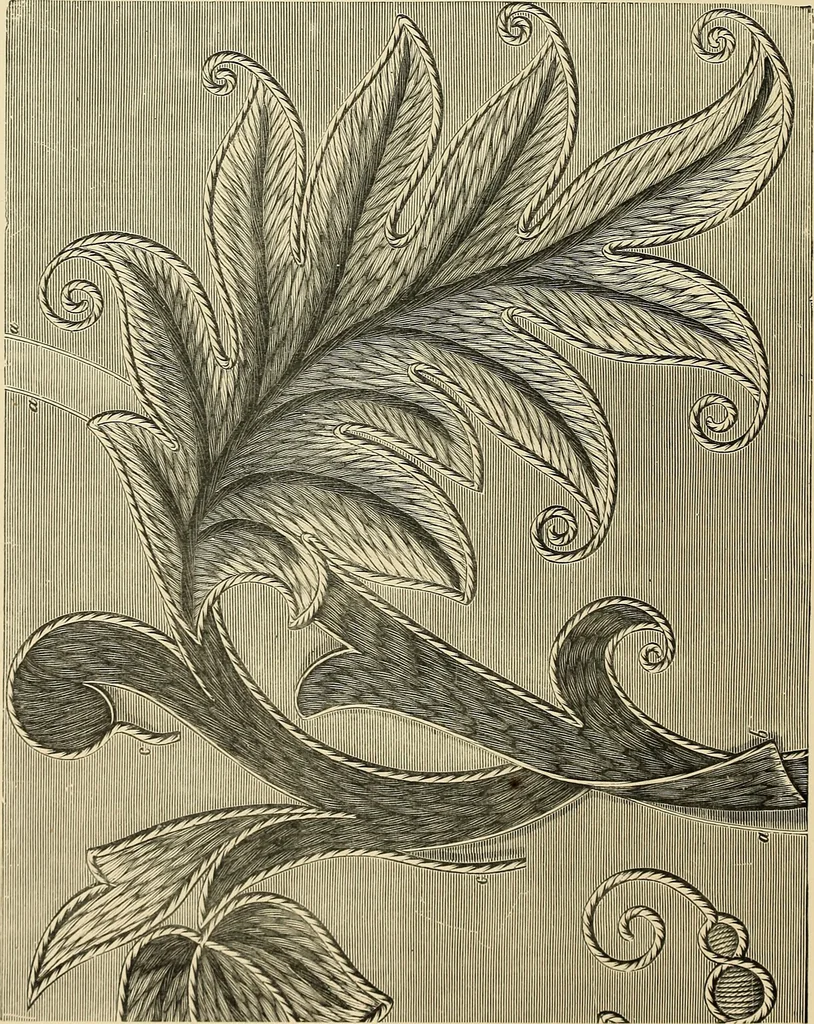 An illustration from Art needlework. A complete manual of embroidery in silks and crewels, with full instructions as to stitches, materials, and implements. Containing also a large number of original designs and a handsome coloured design for crewel work, 1882, leaf 65