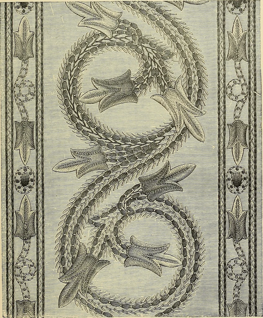 An illustration from Art needlework. A complete manual of embroidery in silks and crewels, with full instructions as to stitches, materials, and implements. Containing also a large number of original designs and a handsome coloured design for crewel work, 1882, leaf 66