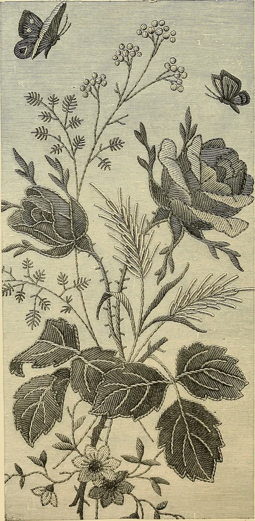 An illustration from Art needlework. A complete manual of embroidery in silks and crewels, with full instructions as to stitches, materials, and implements. Containing also a large number of original designs and a handsome coloured design for crewel work, 1882, leaf 67