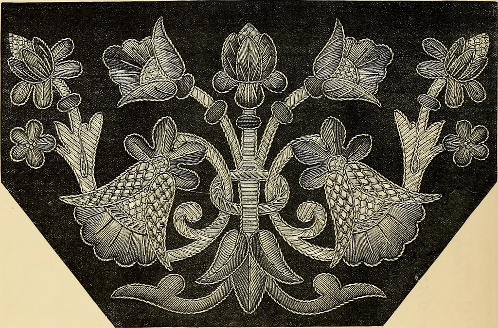 An illustration from Art needlework. A complete manual of embroidery in silks and crewels, with full instructions as to stitches, materials, and implements. Containing also a large number of original designs and a handsome coloured design for crewel work, 1882, leaf 71