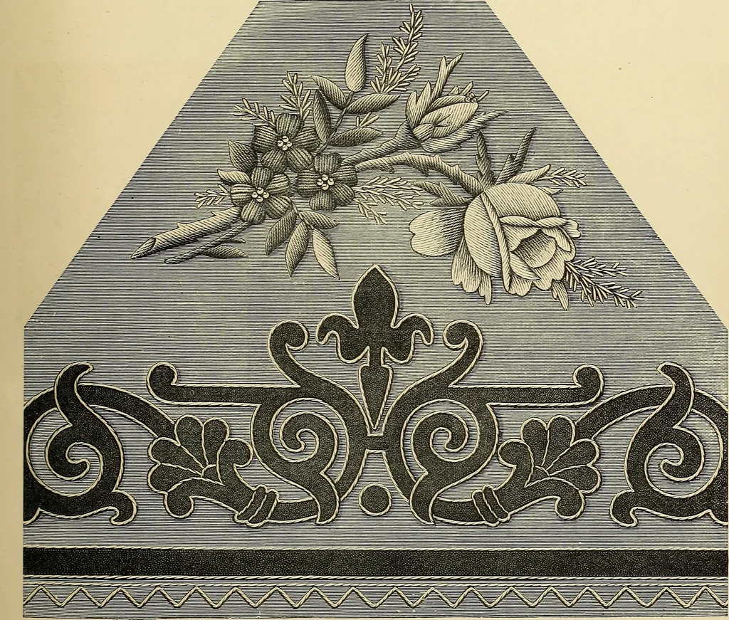 An illustration from Art needlework. A complete manual of embroidery in silks and crewels, with full instructions as to stitches, materials, and implements. Containing also a large number of original designs and a handsome coloured design for crewel work, 1882, leaf 72
