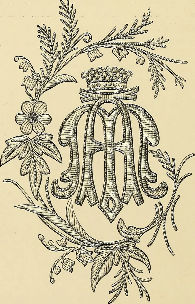 An illustration from Art needlework. A complete manual of embroidery in silks and crewels, with full instructions as to stitches, materials, and implements. Containing also a large number of original designs and a handsome coloured design for crewel work, 1882, leaf 73