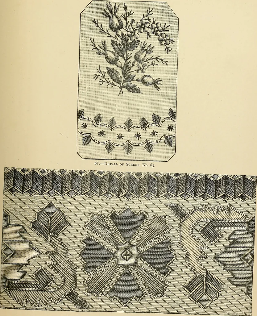 An illustration from Art needlework. A complete manual of embroidery in silks and crewels, with full instructions as to stitches, materials, and implements. Containing also a large number of original designs and a handsome coloured design for crewel work, 1882, leaf 74