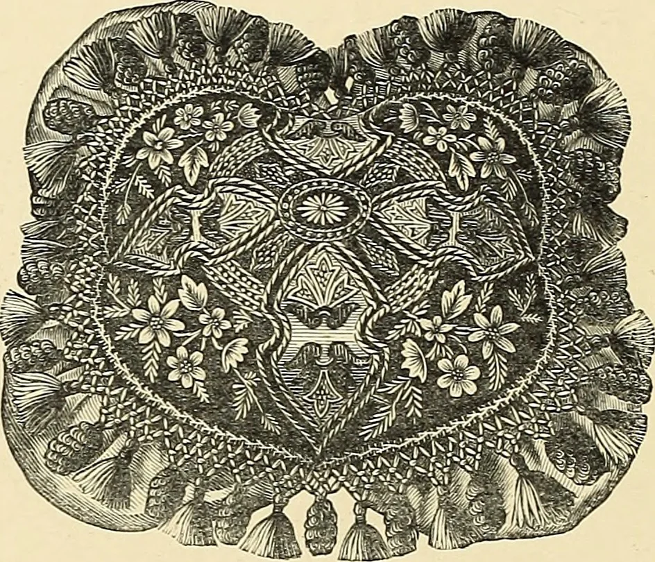 An illustration from Art needlework. A complete manual of embroidery in silks and crewels, with full instructions as to stitches, materials, and implements. Containing also a large number of original designs and a handsome coloured design for crewel work, 1882, leaf 77