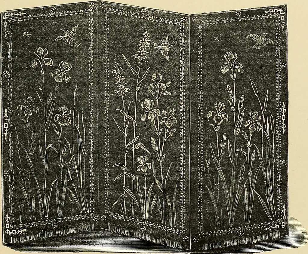 An illustration from Art needlework. A complete manual of embroidery in silks and crewels, with full instructions as to stitches, materials, and implements. Containing also a large number of original designs and a handsome coloured design for crewel work, 1882, leaf 80