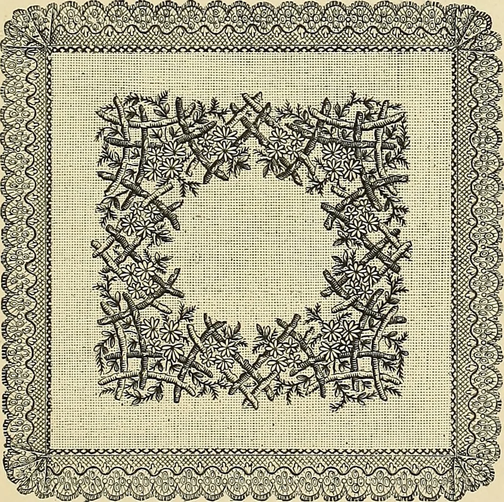 An illustration from Art needlework. A complete manual of embroidery in silks and crewels, with full instructions as to stitches, materials, and implements. Containing also a large number of original designs and a handsome coloured design for crewel work, 1882, leaf 86