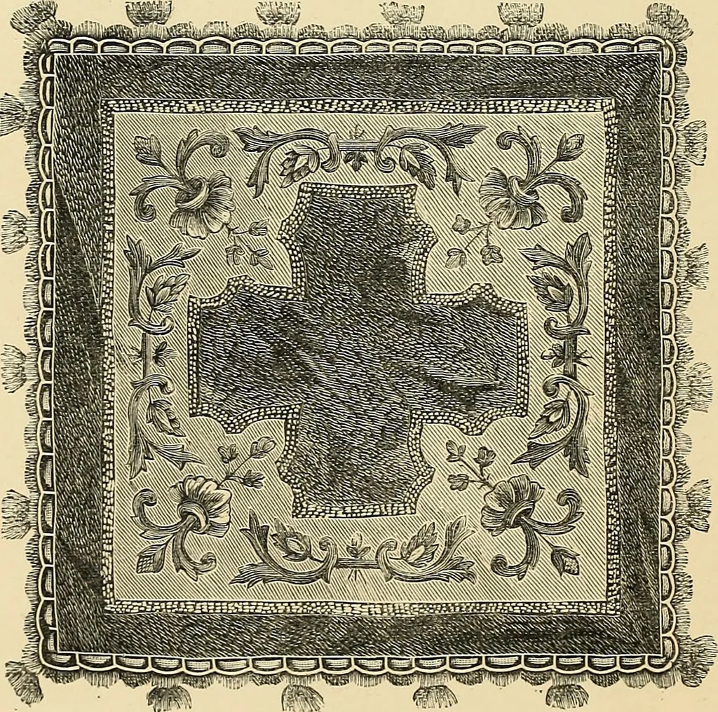 An illustration from Art needlework. A complete manual of embroidery in silks and crewels, with full instructions as to stitches, materials, and implements. Containing also a large number of original designs and a handsome coloured design for crewel work, 1882, leaf 87