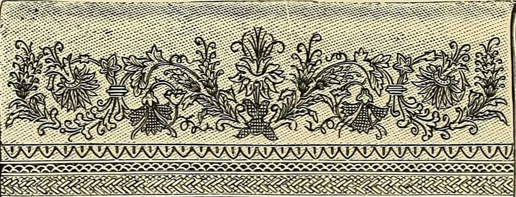 An illustration from Art needlework. A complete manual of embroidery in silks and crewels, with full instructions as to stitches, materials, and implements. Containing also a large number of original designs and a handsome coloured design for crewel work, 1882, leaf 89