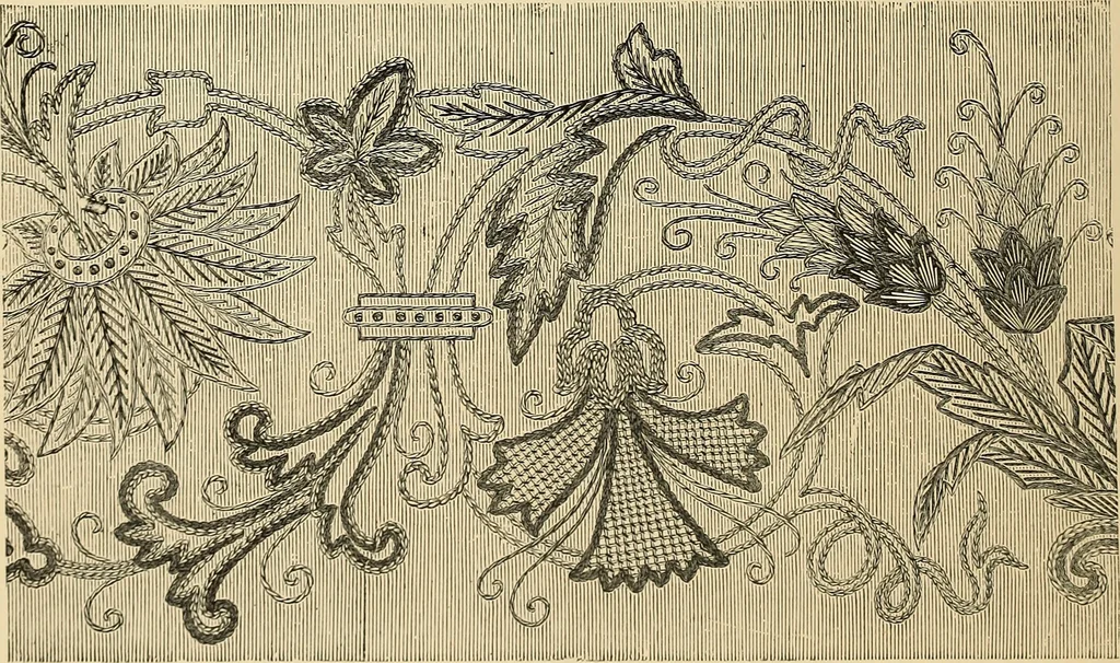 An illustration from Art needlework. A complete manual of embroidery in silks and crewels, with full instructions as to stitches, materials, and implements. Containing also a large number of original designs and a handsome coloured design for crewel work, 1882, leaf 89