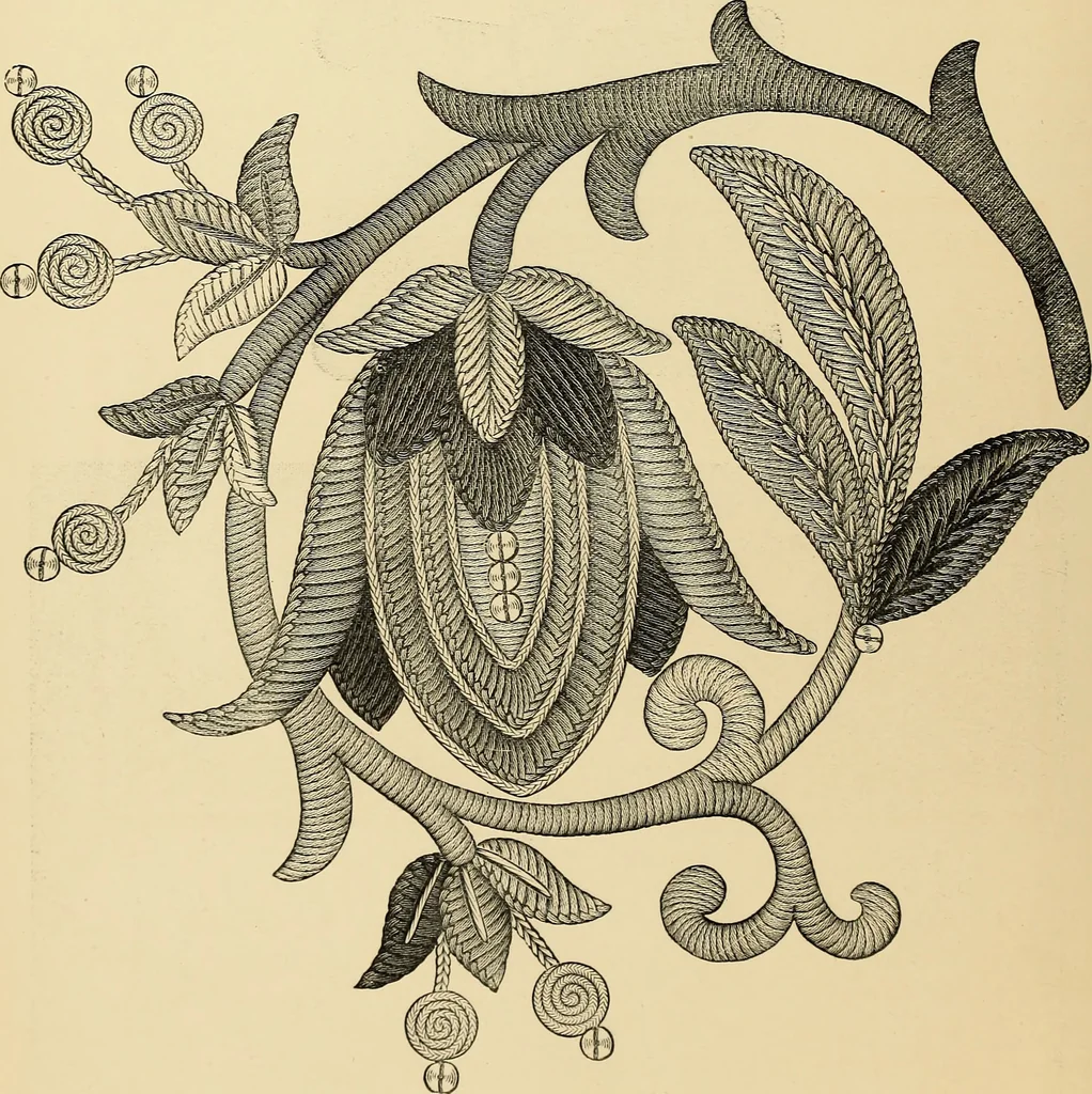 An illustration from Art needlework. A complete manual of embroidery in silks and crewels, with full instructions as to stitches, materials, and implements. Containing also a large number of original designs and a handsome coloured design for crewel work, 1882, leaf 91