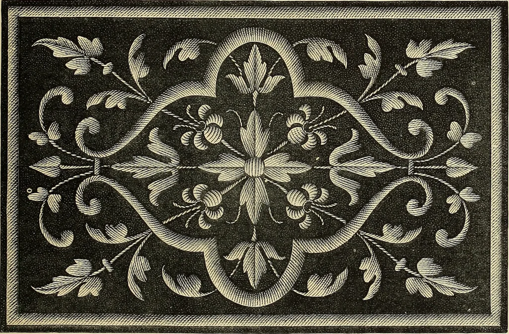 An illustration from Art needlework. A complete manual of embroidery in silks and crewels, with full instructions as to stitches, materials, and implements. Containing also a large number of original designs and a handsome coloured design for crewel work, 1882, leaf 92