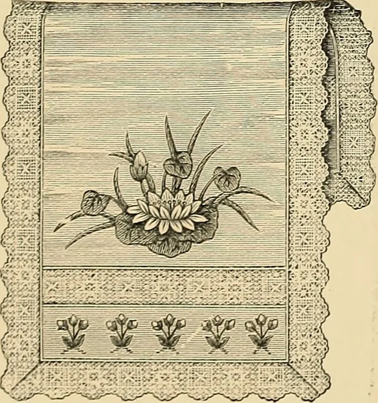 An illustration from Art needlework. A complete manual of embroidery in silks and crewels, with full instructions as to stitches, materials, and implements. Containing also a large number of original designs and a handsome coloured design for crewel work, 1882, leaf 95