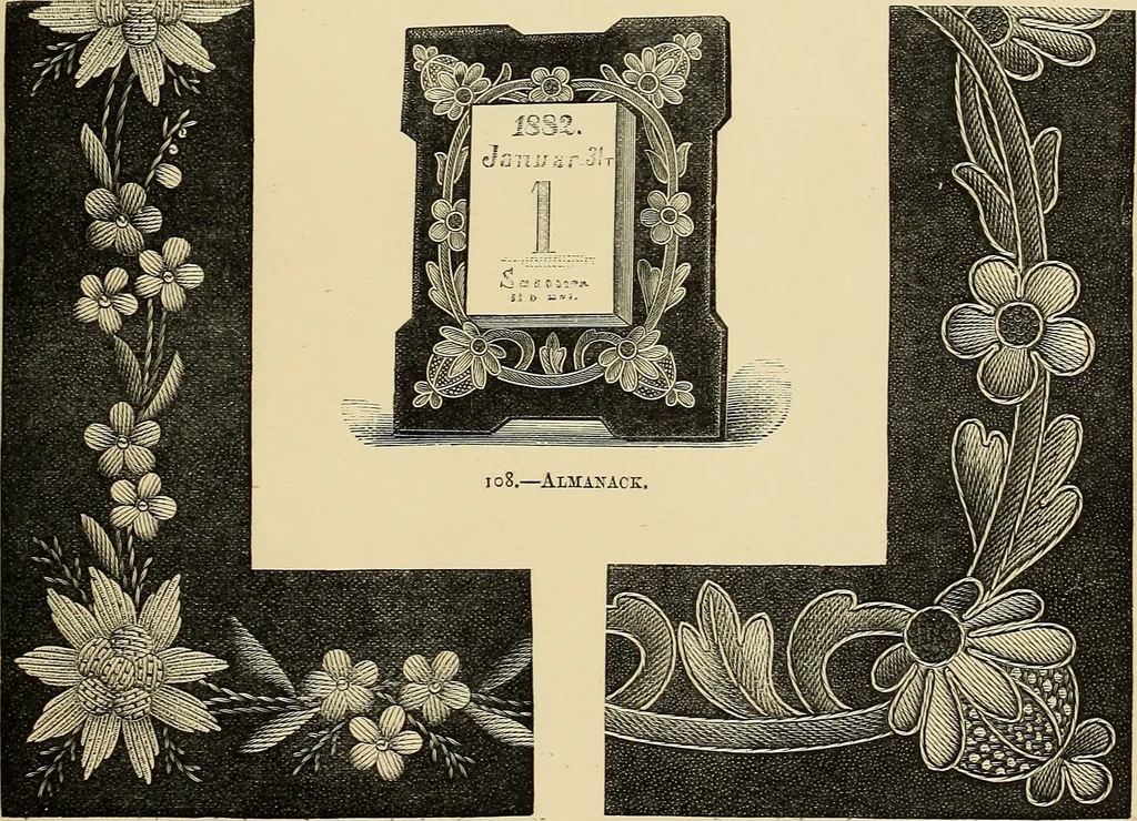 An illustration from Art needlework. A complete manual of embroidery in silks and crewels, with full instructions as to stitches, materials, and implements. Containing also a large number of original designs and a handsome coloured design for crewel work, 1882, leaf 96