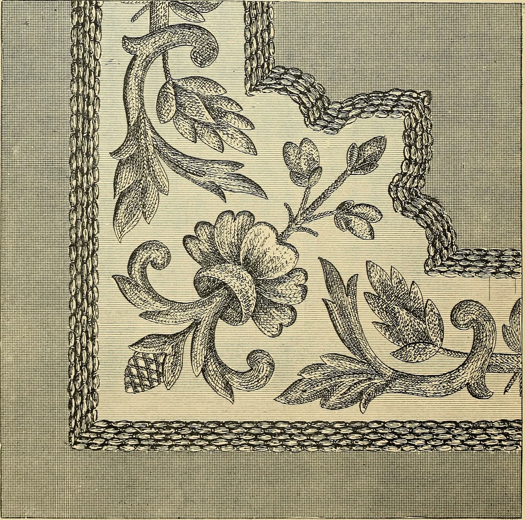 An illustration from Art needlework. A complete manual of embroidery in silks and crewels, with full instructions as to stitches, materials, and implements. Containing also a large number of original designs and a handsome coloured design for crewel work, 1882, leaf 97