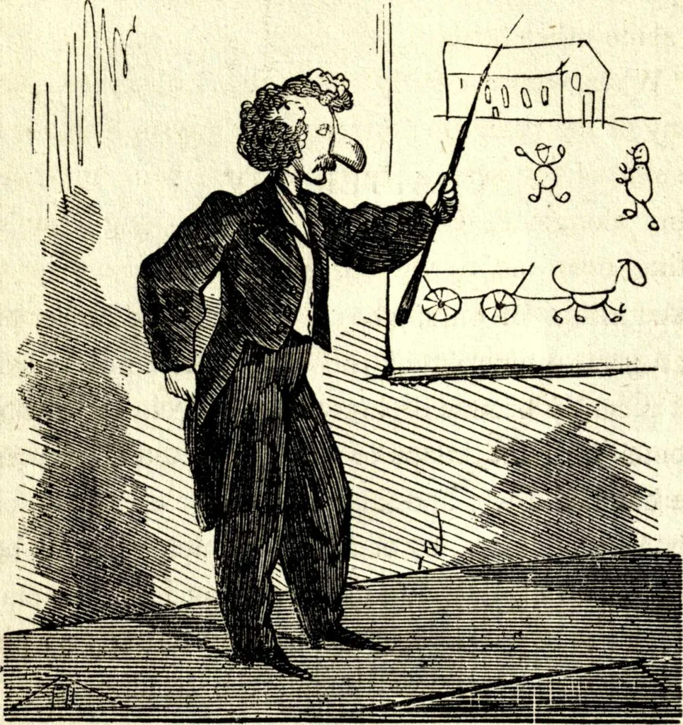 An illustration from The art of amusing : being a collection of graceful arts, merry games, odd tricks, curious puzzles, and new charades : together with suggestions for private theatricals, tableaux, and all sorts of parlor and family amusements, 1866, leaf 181