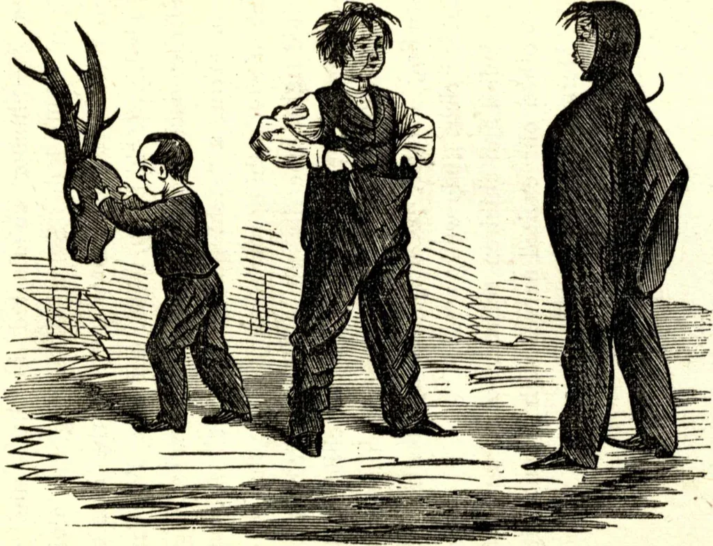 An illustration from The art of amusing : being a collection of graceful arts, merry games, odd tricks, curious puzzles, and new charades : together with suggestions for private theatricals, tableaux, and all sorts of parlor and family amusements, 1866, leaf 246