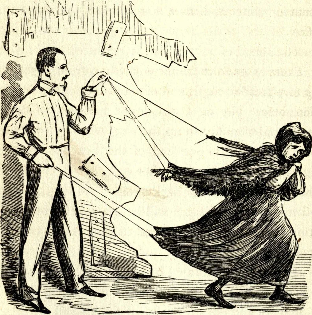 An illustration from The art of amusing : being a collection of graceful arts, merry games, odd tricks, curious puzzles, and new charades : together with suggestions for private theatricals, tableaux, and all sorts of parlor and family amusements, 1866, leaf 267
