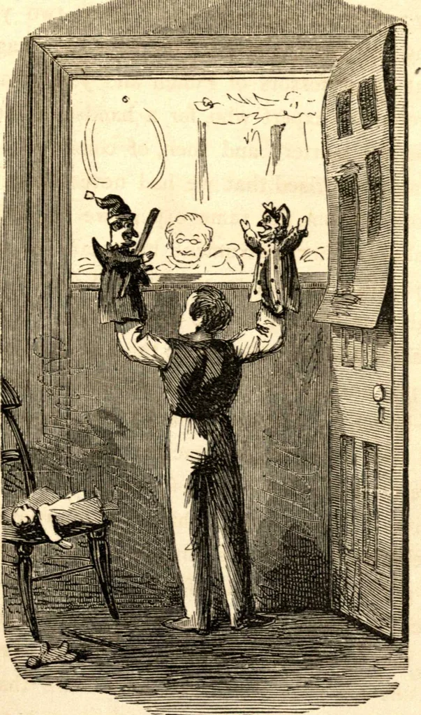 An illustration from The art of amusing : being a collection of graceful arts, merry games, odd tricks, curious puzzles, and new charades : together with suggestions for private theatricals, tableaux, and all sorts of parlor and family amusements, 1866, leaf 52