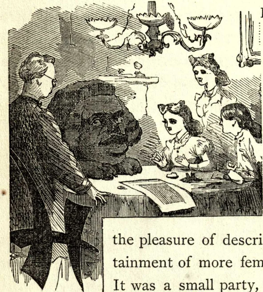 An illustration from The art of amusing : being a collection of graceful arts, merry games, odd tricks, curious puzzles, and new charades : together with suggestions for private theatricals, tableaux, and all sorts of parlor and family amusements, 1866, leaf 69