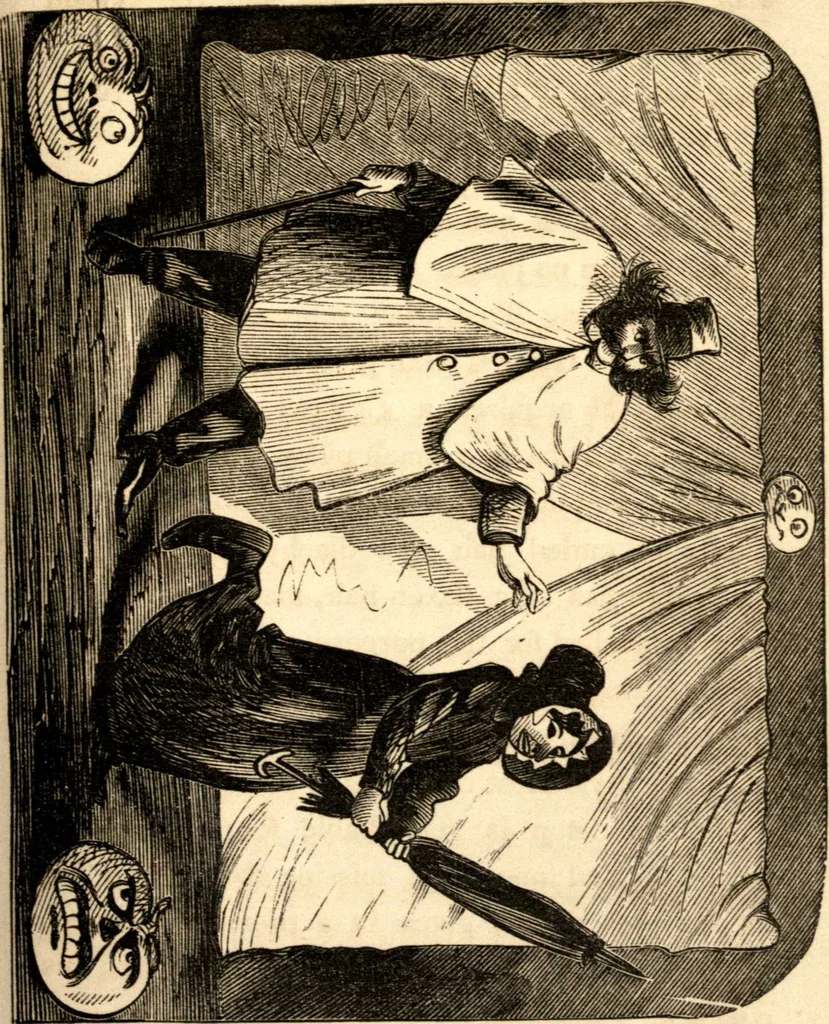 An illustration from The art of amusing : being a collection of graceful arts, merry games, odd tricks, curious puzzles, and new charades : together with suggestions for private theatricals, tableaux, and all sorts of parlor and family amusements, 1866, leaf 94