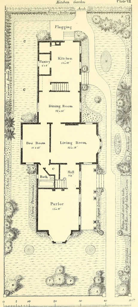 An illustration from The art of beautifying suburban home grounds of small extent : the advantages of suburban homesover city or country homes; the comfort and economy of neighboring improvements; the choice and tre atment of building sites; and the best modes of laying out, planting, and keeping decorated grounds.Illustrated by upwards of two hundred plates and engravings ... With descriptions of the beautiful and hardy trees and shrubs grown in the United States, 1870, leaf 181