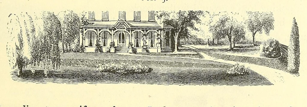 An illustration from The art of beautifying suburban home grounds of small extent : the advantages of suburban homesover city or country homes; the comfort and economy of neighboring improvements; the choice and tre atment of building sites; and the best modes of laying out, planting, and keeping decorated grounds.Illustrated by upwards of two hundred plates and engravings ... With descriptions of the beautiful and hardy trees and shrubs grown in the United States, 1870, leaf 45