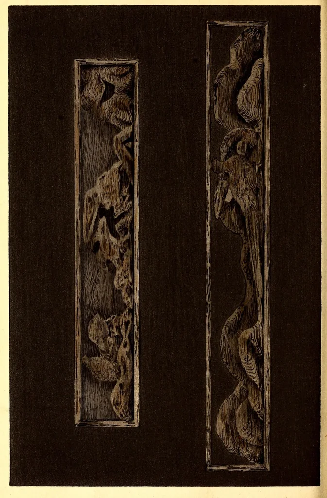 An illustration from Art of old Japan, rare specimens of pewter, carvings in jade and other stones and wood. Many lanterns from famous palace and temple grounds, fine gold lacquers and other scarce objects : selected by the well-known Japanese connoisseur Bunkio Matsuki, 1904, leaf 216