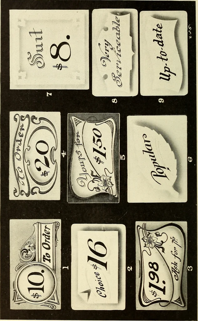 An illustration from The art of show card writing; a modern treatise on show card writing, designed as an educator in all branches of the art...With two hundred and fifty-six illustrations and thirty-two lettering plates, comprising all the standard ancient and modern styles, 1907, leaf 163