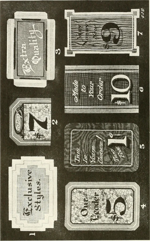 An illustration from The art of show card writing; a modern treatise covering all branches of the art ... with one hundred and fifty-three illustrations and thirty-two lettering plates, comprising all the standard ancient and modern styles, 1922, leaf 171
