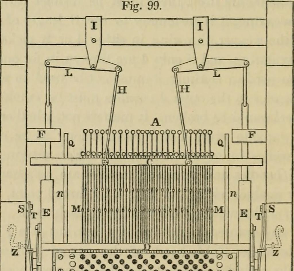 An illustration from The art of weaving, by hand and by power, with an introductory account of its rise and progress in ancient and modern times, 1844, leaf 219