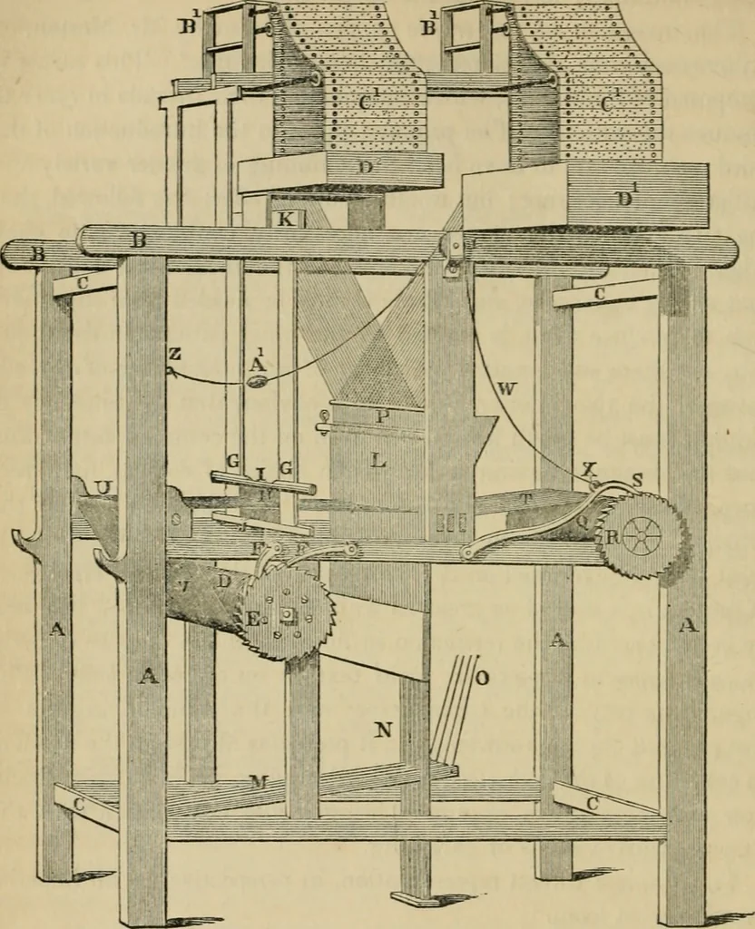 An illustration from The art of weaving, by hand and by power, with an introductory account of its rise and progress in ancient and modern times, 1844, leaf 227
