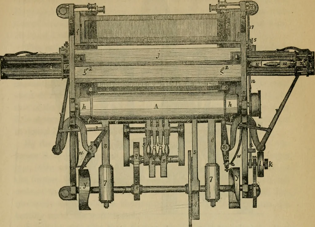 An illustration from The art of weaving, by hand and by power, with an introductory account of its rise and progress in ancient and modern times, 1844, leaf 414