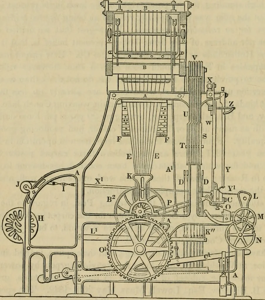 An illustration from The art of weaving, by hand and by power, with an introductory account of its rise and progress in ancient and modern times, 1844, leaf 455