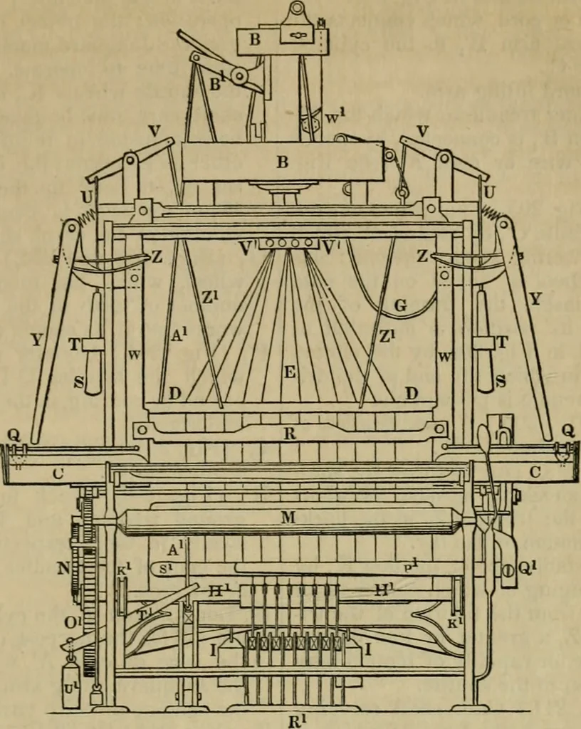 An illustration from The art of weaving, by hand and by power, with an introductory account of its rise and progress in ancient and modern times, 1844, leaf 456