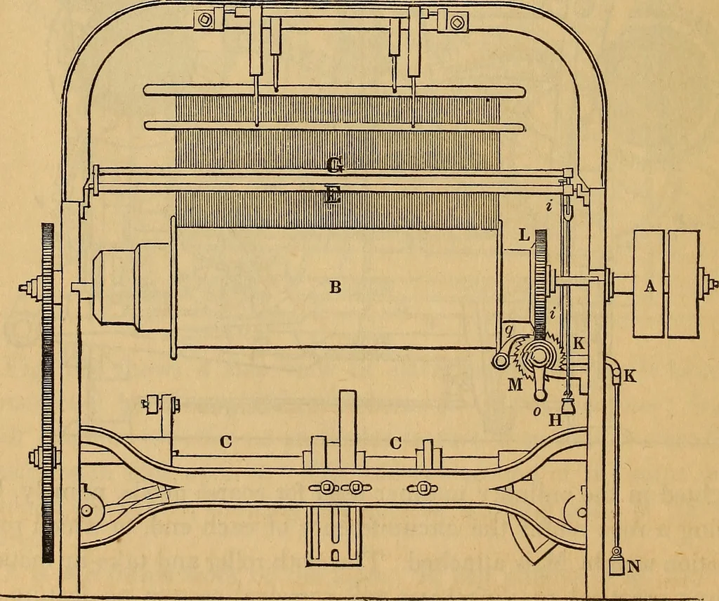 An illustration from The art of weaving, by hand and by power, 1844, leaf 385