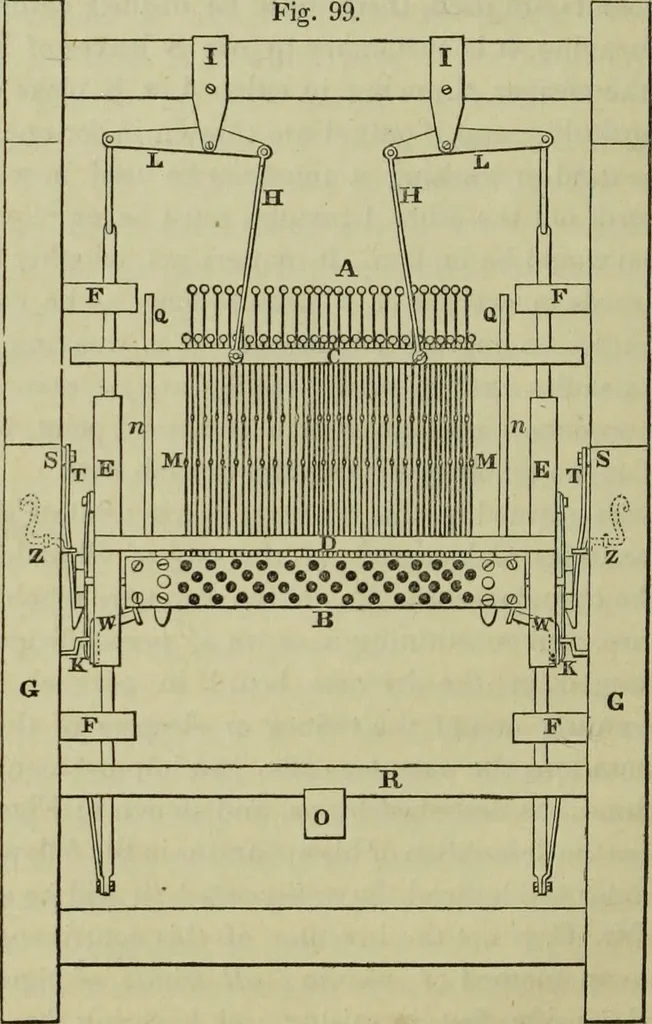 An illustration from The art of weaving, by hand and by power, : with an introductory account of its rise and progress in ancient and modern times. For the use of manufacturers and others., 1844, leaf 215