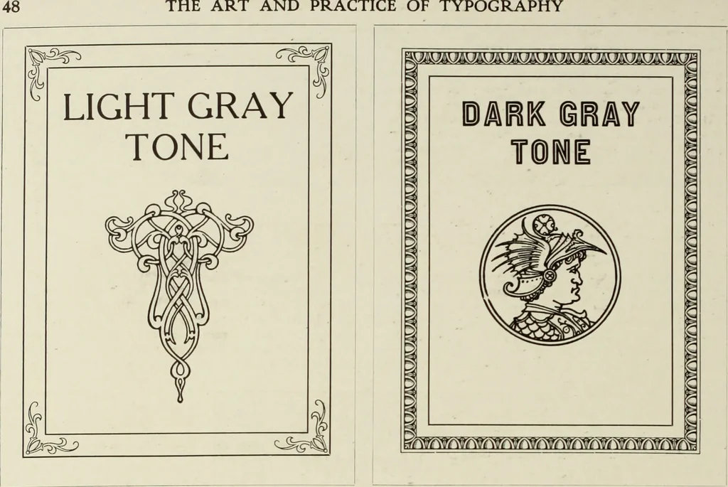 An illustration from The art & practice of typography : a manual of American printing, including a brief history up to the twentieth century, with reproductions of the work of early masters of the craft, and a practical discussion and an extensive demonstration of the modern use of type-faces and methods of arrangement, 1917, leaf 117
