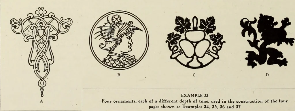 An illustration from The art & practice of typography : a manual of American printing, including a brief history up to the twentieth century, with reproductions of the work of early masters of the craft, and a practical discussion and an extensive demonstration of the modern use of type-faces and methods of arrangement, 1917, leaf 117