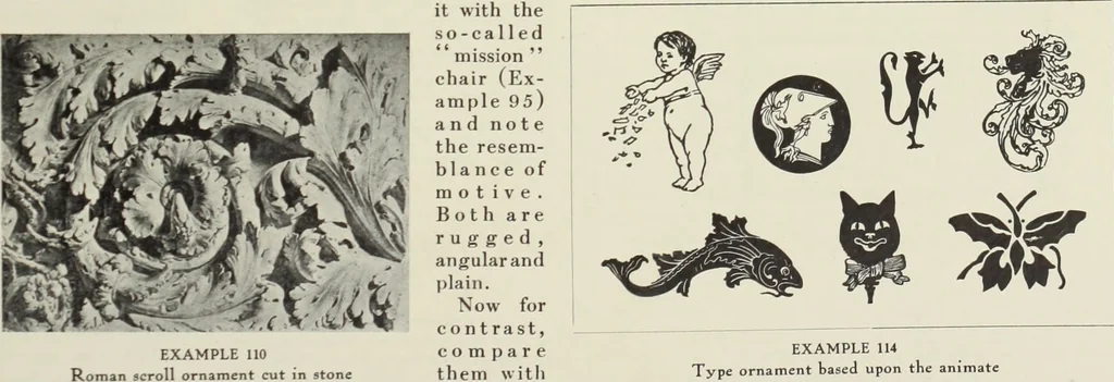An illustration from The art & practice of typography : a manual of American printing, including a brief history up to the twentieth century, with reproductions of the work of early masters of the craft, and a practical discussion and an extensive demonstration of the modern use of type-faces and methods of arrangement, 1917, leaf 142