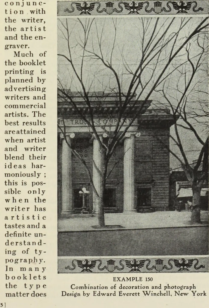 An illustration from The art & practice of typography : a manual of American printing, including a brief history up to the twentieth century, with reproductions of the work of early masters of the craft, and a practical discussion and an extensive demonstration of the modern use of type-faces and methods of arrangement, 1917, leaf 162
