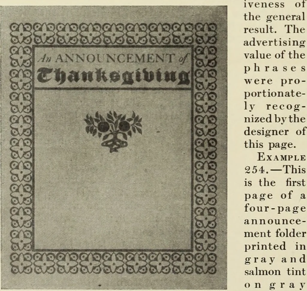 An illustration from The art & practice of typography : a manual of American printing, including a brief history up to the twentieth century, with reproductions of the work of early masters of the craft, and a practical discussion and an extensive demonstration of the modern use of type-faces and methods of arrangement, 1917, leaf 211