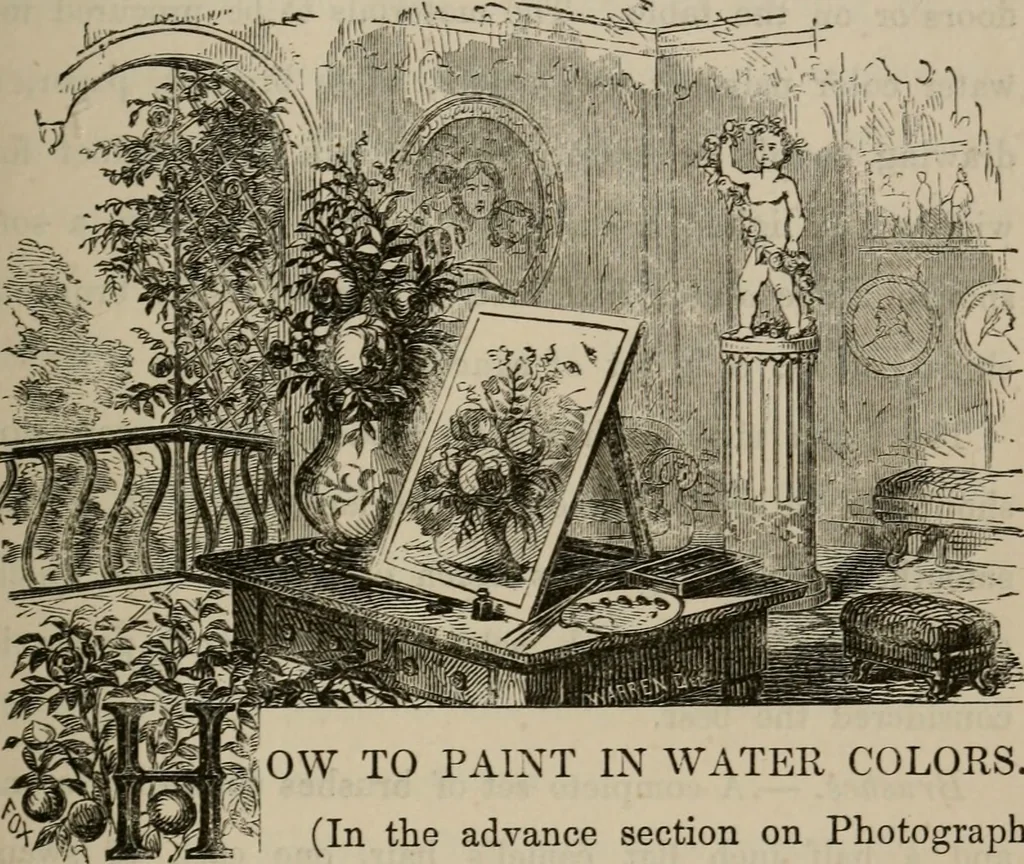 An illustration from Art recreations; being a complete guide to pencil drawing, oil painting, water-color painting, crayon drawing and painting, painting on ground glass, Grecian painting, antique painting, oriental painting, sign painting, theorem painting, ferneries, moss work, papier mache, cone work, feather flowers, potichomanie, leather work, hair work, taxidermy, gilding and bronzing, plaster work, decalcomanie, wax work, shell work, magic lantern, paper flowers, imitation of pearl, the aquqrium, sealing-wax painting, panorama painting, coloring photographs, enamel painting, etc., 1873, leaf 102