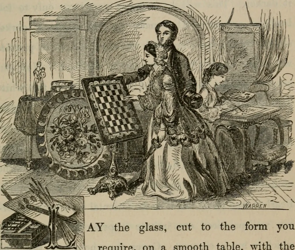 An illustration from Art recreations; being a complete guide to pencil drawing, oil painting, water-color painting, crayon drawing and painting, painting on ground glass, Grecian painting, antique painting, oriental painting, sign painting, theorem painting, ferneries, moss work, papier mache, cone work, feather flowers, potichomanie, leather work, hair work, taxidermy, gilding and bronzing, plaster work, decalcomanie, wax work, shell work, magic lantern, paper flowers, imitation of pearl, the aquqrium, sealing-wax painting, panorama painting, coloring photographs, enamel painting, etc., 1873, leaf 168