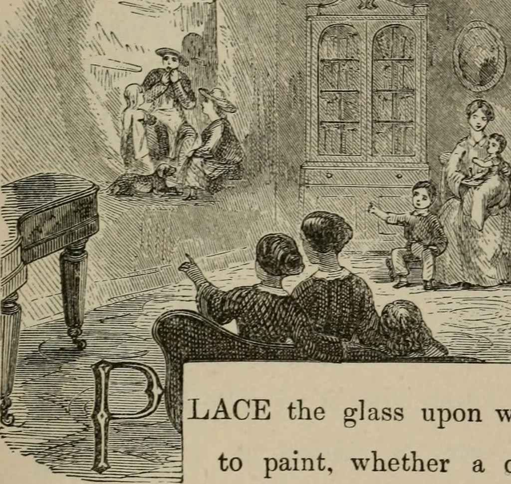 An illustration from Art recreations; being a complete guide to pencil drawing, oil painting, water-color painting, crayon drawing and painting, painting on ground glass, Grecian painting, antique painting, oriental painting, sign painting, theorem painting, ferneries, moss work, papier mache, cone work, feather flowers, potichomanie, leather work, hair work, taxidermy, gilding and bronzing, plaster work, decalcomanie, wax work, shell work, magic lantern, paper flowers, imitation of pearl, the aquqrium, sealing-wax painting, panorama painting, coloring photographs, enamel painting, etc., 1873, leaf 184