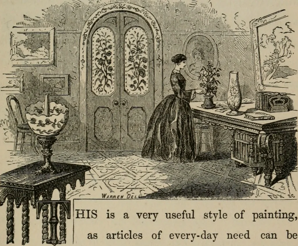 An illustration from Art recreations; being a complete guide to pencil drawing, oil painting, water-color painting, crayon drawing and painting, painting on ground glass, Grecian painting, antique painting, oriental painting, sign painting, theorem painting, ferneries, moss work, papier mache, cone work, feather flowers, potichomanie, leather work, hair work, taxidermy, gilding and bronzing, plaster work, decalcomanie, wax work, shell work, magic lantern, paper flowers, imitation of pearl, the aquqrium, sealing-wax painting, panorama painting, coloring photographs, enamel painting, etc., 1873, leaf 186