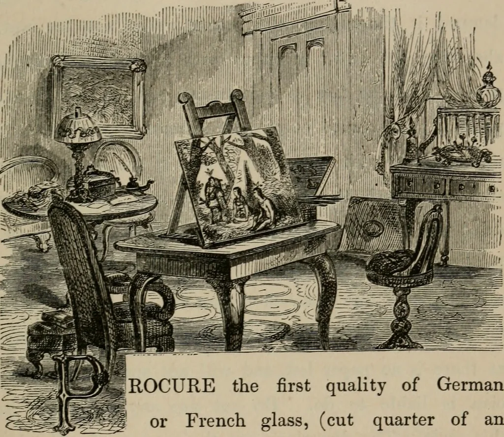 An illustration from Art recreations; being a complete guide to pencil drawing, oil painting, water-color painting, crayon drawing and painting, painting on ground glass, Grecian painting, antique painting, oriental painting, sign painting, theorem painting, ferneries, moss work, papier mache, cone work, feather flowers, potichomanie, leather work, hair work, taxidermy, gilding and bronzing, plaster work, decalcomanie, wax work, shell work, magic lantern, paper flowers, imitation of pearl, the aquqrium, sealing-wax painting, panorama painting, coloring photographs, enamel painting, etc., 1873, leaf 190