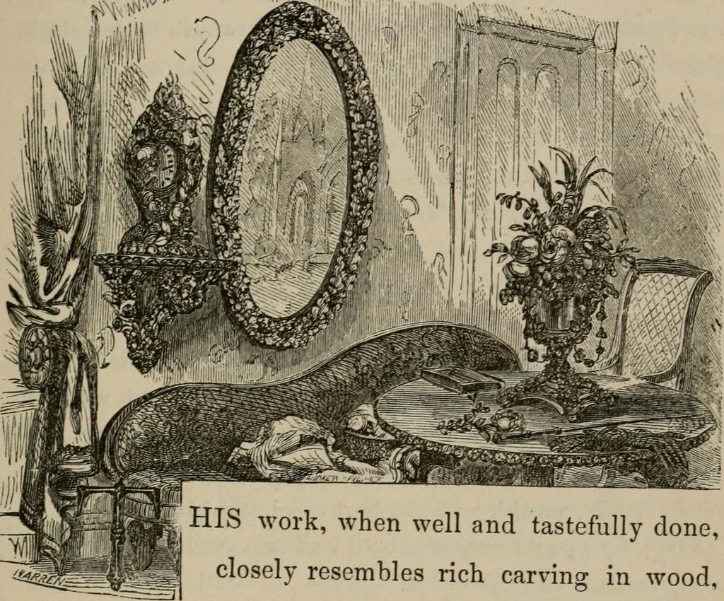 An illustration from Art recreations; being a complete guide to pencil drawing, oil painting, water-color painting, crayon drawing and painting, painting on ground glass, Grecian painting, antique painting, oriental painting, sign painting, theorem painting, ferneries, moss work, papier mache, cone work, feather flowers, potichomanie, leather work, hair work, taxidermy, gilding and bronzing, plaster work, decalcomanie, wax work, shell work, magic lantern, paper flowers, imitation of pearl, the aquqrium, sealing-wax painting, panorama painting, coloring photographs, enamel painting, etc., 1873, leaf 212