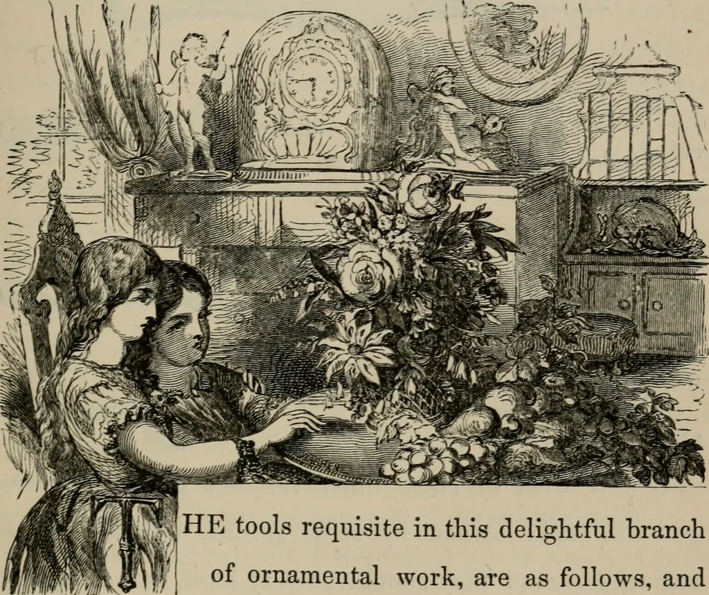 An illustration from Art recreations; being a complete guide to pencil drawing, oil painting, water-color painting, crayon drawing and painting, painting on ground glass, Grecian painting, antique painting, oriental painting, sign painting, theorem painting, ferneries, moss work, papier mache, cone work, feather flowers, potichomanie, leather work, hair work, taxidermy, gilding and bronzing, plaster work, decalcomanie, wax work, shell work, magic lantern, paper flowers, imitation of pearl, the aquqrium, sealing-wax painting, panorama painting, coloring photographs, enamel painting, etc., 1873, leaf 236