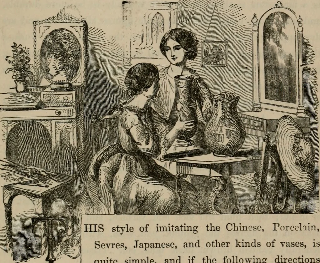 An illustration from Art recreations; being a complete guide to pencil drawing, oil painting, water-color painting, crayon drawing and painting, painting on ground glass, Grecian painting, antique painting, oriental painting, sign painting, theorem painting, ferneries, moss work, papier mache, cone work, feather flowers, potichomanie, leather work, hair work, taxidermy, gilding and bronzing, plaster work, decalcomanie, wax work, shell work, magic lantern, paper flowers, imitation of pearl, the aquqrium, sealing-wax painting, panorama painting, coloring photographs, enamel painting, etc., 1873, leaf 278